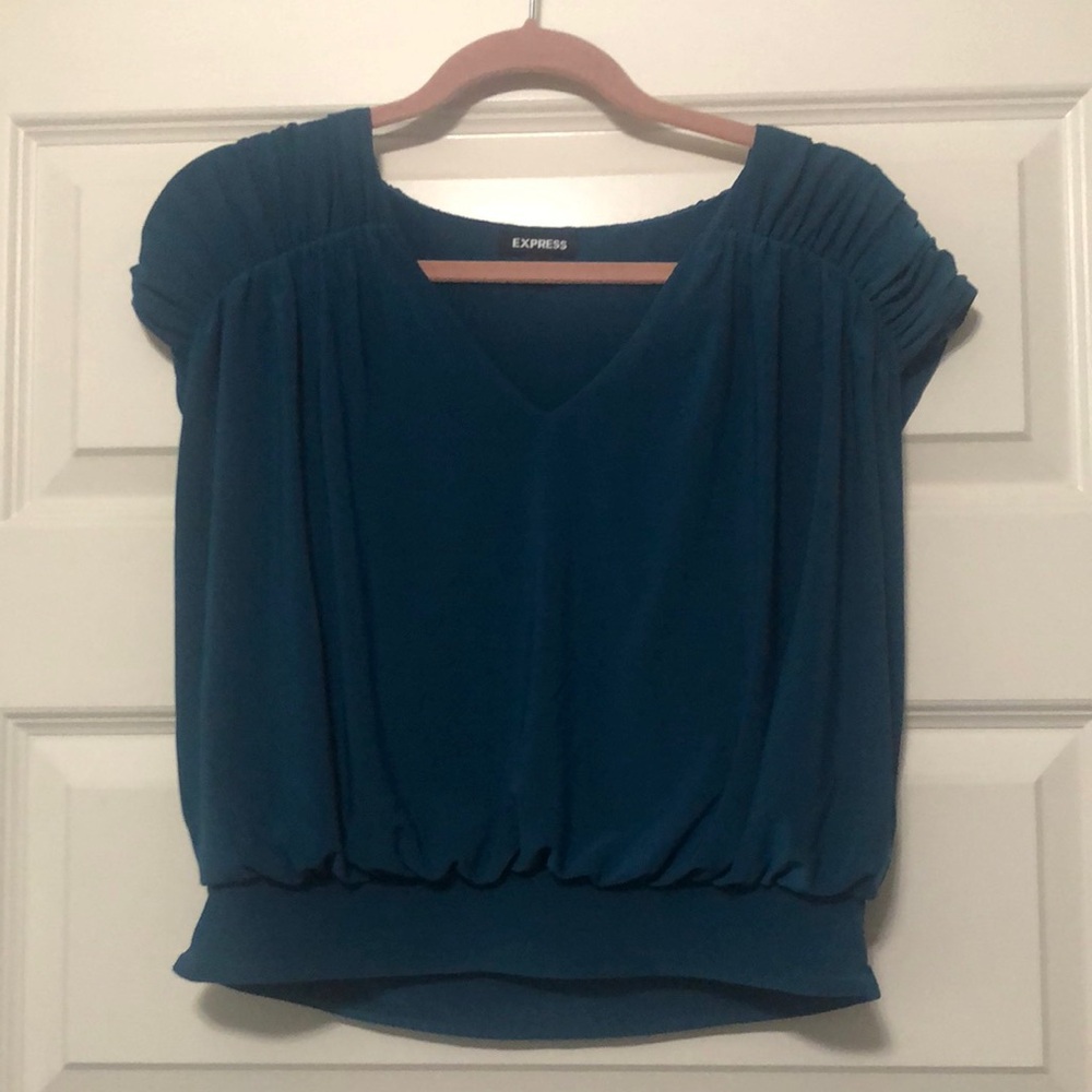 Express Blue Ruched Cap Sleeve Blouse